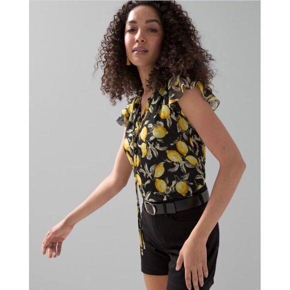 EUC White House Black Market Black Mesh Ruffle Lemon Top S - Picture 1 of 9